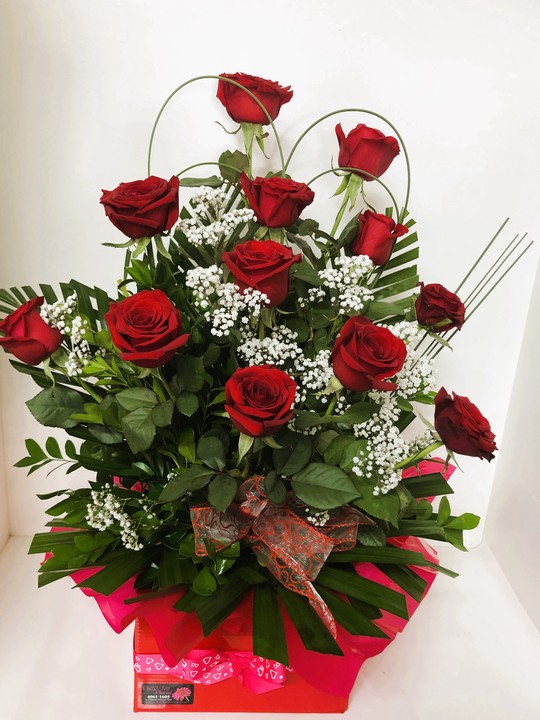 12 Red Roses in Box Display